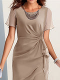 Beige Midi Dress with Ruffled Hem and Short Sleeves
