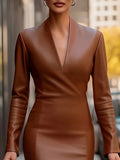 Timeless Elegance: Women's Long PU Dress with Deep V-Neck