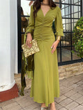 Chic V-Neck Ruched Long Sleeve Dress - Olive Green