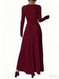 Elegant Pleated Maxi Dress with Belt - Perfect for Winter