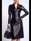 Timeless Elegance: Women's Long PU Dress with Deep V-Neck