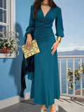 Chic V-Neck Ruched Long Sleeve Dress - Olive Green