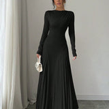 Elegant Pleated Maxi Dress with Belt - Perfect for Winter
