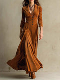 Elegant Maxi Dress with Lapel Collar & A-Line Skirt