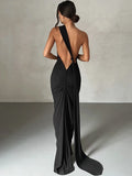 She Shimmer - Elegant one-shoulder backless adjustable scarf-tie ruched sexy maxi dress – Y2K streetwear festival outfit