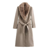 She Shimmer - Women’s Belted Fur Collar Coat