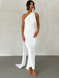 She Shimmer - Elegant one-shoulder backless adjustable scarf-tie ruched sexy maxi dress – Y2K streetwear festival outfit