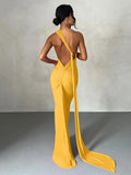 She Shimmer - Elegant one-shoulder backless adjustable scarf-tie ruched sexy maxi dress – Y2K streetwear festival outfit