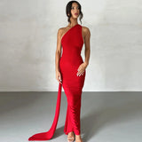 She Shimmer - Elegant one-shoulder backless adjustable scarf-tie ruched sexy maxi dress – Y2K streetwear festival outfit