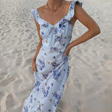 She Shimmer - Summer floral print plunging maxi dress, sexy backless fairy-style sun dress, holiday beachwear coquette dress.