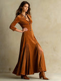Elegant Maxi Dress with Lapel Collar & A-Line Skirt