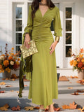 Chic V-Neck Ruched Long Sleeve Dress - Olive Green