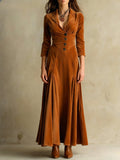Elegant Maxi Dress with Lapel Collar & A-Line Skirt