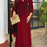 Chic V-Neck Ruched Long Sleeve Dress - Olive Green