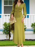 Chic V-Neck Ruched Long Sleeve Dress - Olive Green