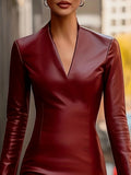 Timeless Elegance: Women's Long PU Dress with Deep V-Neck