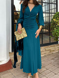 Chic V-Neck Ruched Long Sleeve Dress - Olive Green