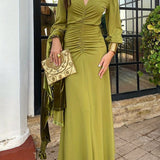 Chic V-Neck Ruched Long Sleeve Dress - Olive Green
