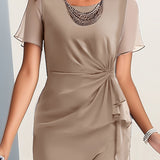 Beige Midi Dress with Ruffled Hem and Short Sleeves