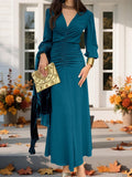 Chic V-Neck Ruched Long Sleeve Dress - Olive Green