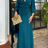 Chic V-Neck Ruched Long Sleeve Dress - Olive Green